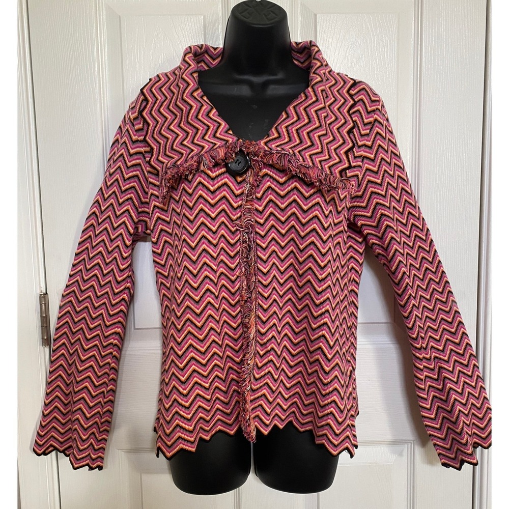 Harolds Vintage Womens Pink Orange Chevron Zigzag Cotton Cardigan Sweater Size L